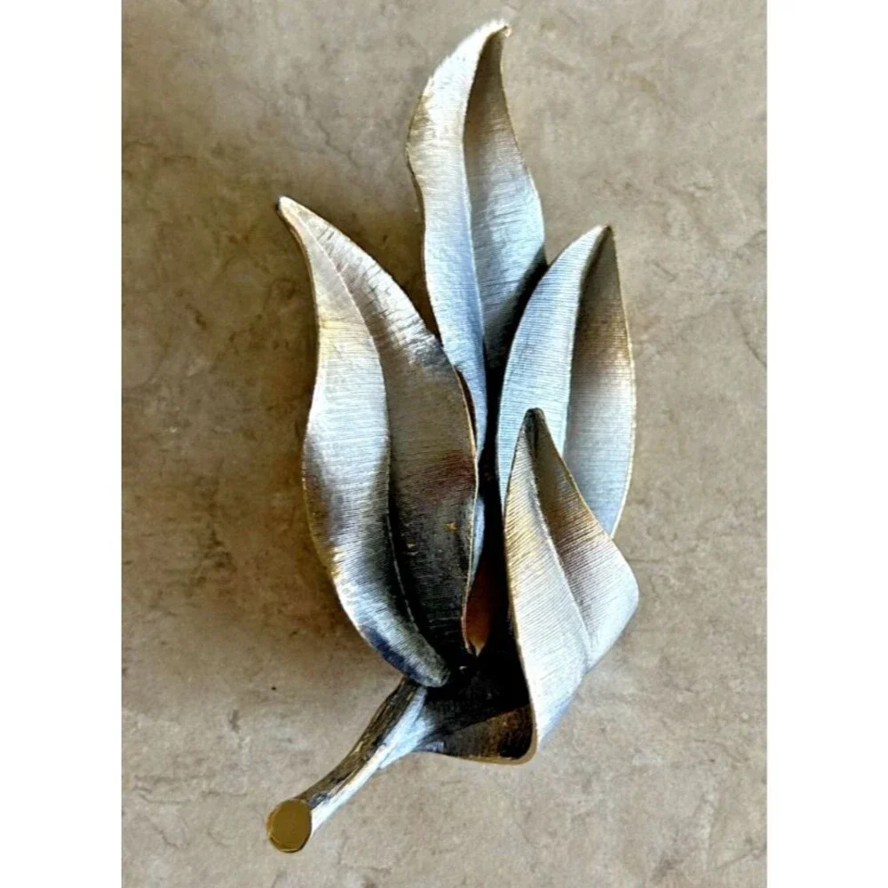 Vintage MCM 1950's Kramer of NY Blue Leaf Brooch w/ Brushed Silver Tone Base